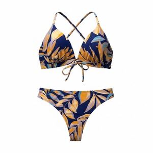 CUPSHE Womens Blue Orange Tropical Leaf Cross Back Bikini Set Size M